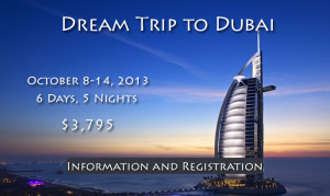 Advertisement for a Dubai dream trip from October 8-14, 2013, costing $3,795.