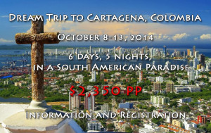 Advertisement for a trip to Cartagena, Colombia, highlighting dates, duration, and price.