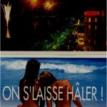 Two images: fireworks over a city and two women with text in French.