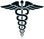 The caduceus symbol with two snakes entwined around a staff and wings at the top.