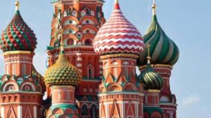 Colorful onion domes of Saint Basil's Cathedral in Moscow.