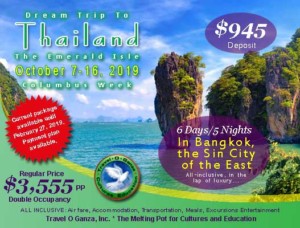 Colorful travel poster for a Thailand trip with dates and prices.