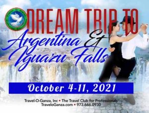 Couple dancing with Dream Trip to Argentina and Iguazu Falls flyer.