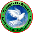 A logo with a white dove and text about travel and education.