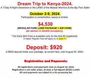 Flyer advertising a Kenya trip in October 2024 with pricing details.