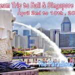 A travel poster featuring a Merlion statue with city skyline promoting a Bali and Singapore trip.