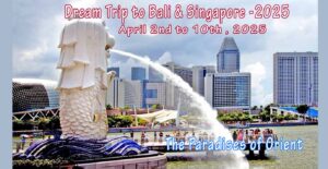 A travel poster featuring a Merlion statue with city skyline promoting a Bali and Singapore trip.