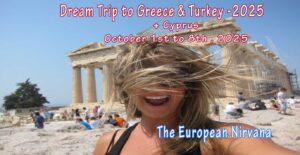 Woman enjoying a sunny beach with ancient ruins in Greece or Turkey.