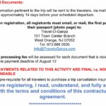 A notice about travel document requirements and payment deadlines for a trip.
