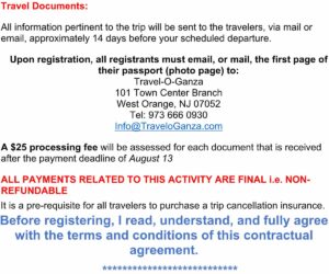 A notice about travel document requirements and payment deadlines for a trip.